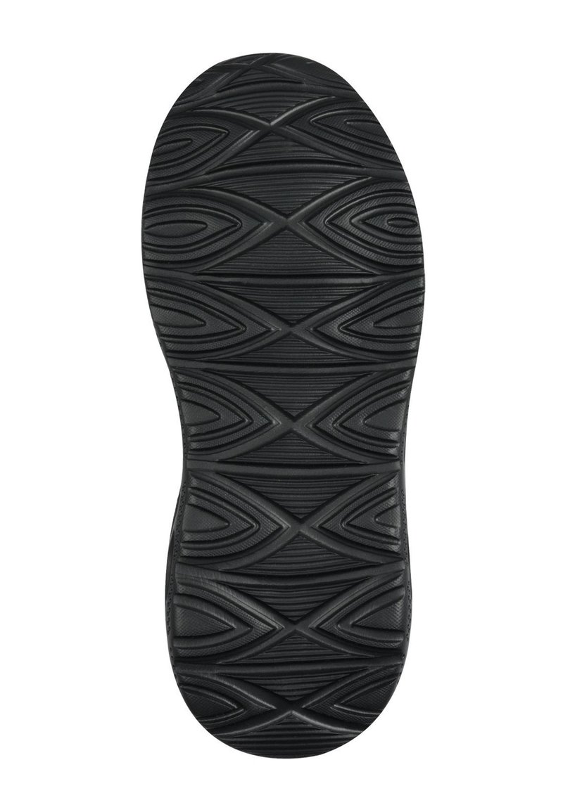 Semelle de chaussure en caoutchouc noir avec une surface texturée présentant un motif géométrique d'ovales et de lignes pour l'adhérence et la traction.