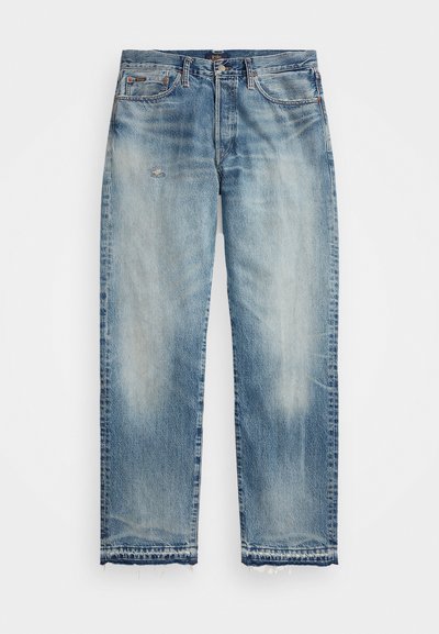 Light blue denim jeans with a straight-leg design, faded areas, slight distressing, raw hem, and traditional five-pocket styling.