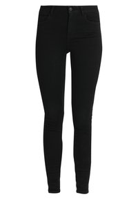 Vaqueros pitillo negros hechos de mezclilla, con cintura de altura media, cinco bolsillos y una textura suave con detalles de costura mínimos.