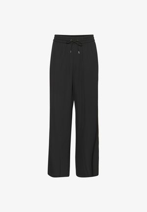 Pantaloni neri a gamba larga realizzati in un tessuto morbido, con una cintura elastica dotata di un cordino e accenti laterali a contrasto.