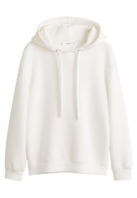Sudadera blanca con capucha, de corte relajado, con cordones en el cuello, puños acanalados y una textura suave. Sin logotipos ni patrones visibles.