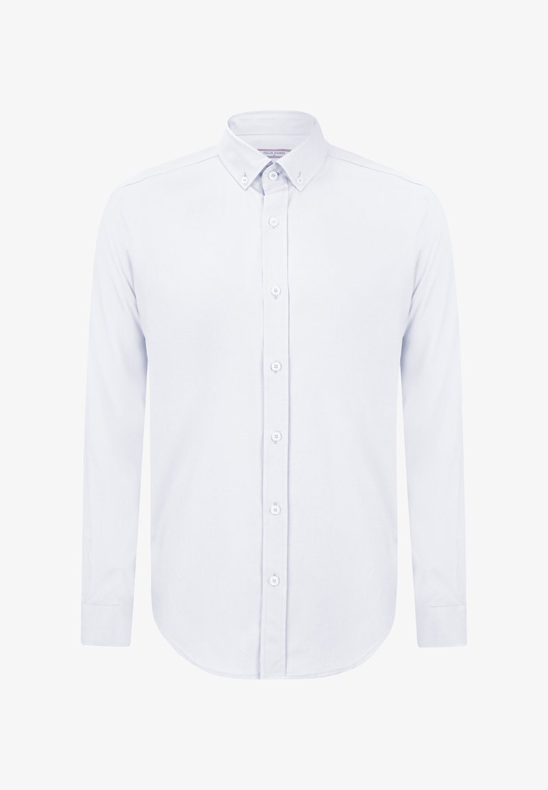 Langærmet skjorte med knapper i lys blå bomuldsstof. Har en standard krave, lige kant og seks knapper foran. Glat tekstur.