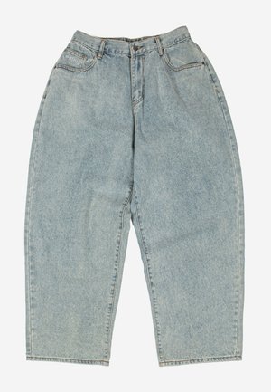 Light blue, high-waisted wide-leg jeans with front pockets, belt loops, and a small "Washed" label on the right pocket.