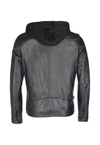Schwarze Lederjacke mit einer schwarzen Kapuze. Sie verfügt über eine taillierte Passform, eine glatte Textur und Nahtdetails auf dem Rücken und den Ärmeln.