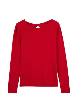 Maglietta rossa a maniche lunghe con scollo rotondo e dettaglio nodo intrecciato sul colletto posteriore.
