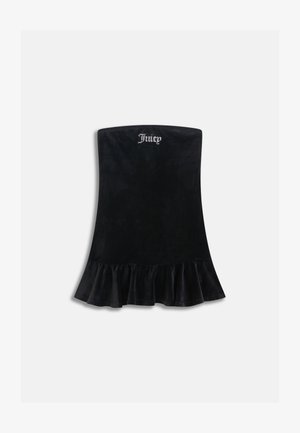 Mini robe bustier en velours noir avec ourlet à volants et texte blanc "Juicy" brodé au centre supérieur.