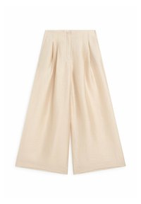 Pantalon beige taille haute à jambes larges avec plis, fermeture éclair devant et poches latérales, présenté à plat sur fond blanc.