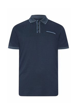 Marineblaues kurzärmeliges Poloshirt mit kontrastierendem grauem Kragen, Knopfleiste, Ärmelbündchen und Brusttaschenbesatz.