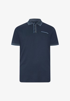 Marineblaues kurzärmeliges Poloshirt mit kontrastierendem grauem Kragen, Knopfleiste, Ärmelbündchen und Brusttaschenbesatz.