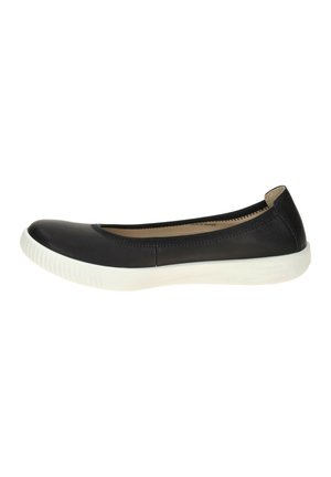 Black leather slip-on flat shoe with rounded toe and white rubber sole, shown in side profile on a white background.