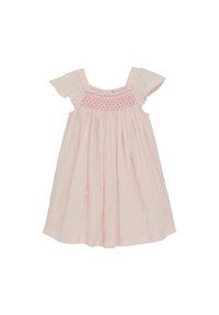 Helles rosa Baumwollkleid mit kurzen, flatternden Ärmeln, gerafftem Oberteil und gerafftem Rock, der bestickte Akzente und strukturierte Punkte aufweist.