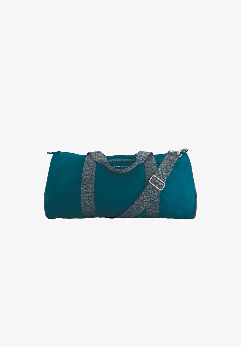 Sac cylindrique bleu sarcelle avec bandoulière tissée réglable et deux poignées, fermeture éclair et logo Bensimon visible.