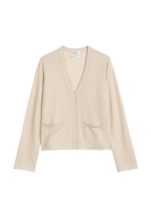 Licht beige cardigan met een V-hals, lange mouwen, twee voorzakken en knoopsluiting. Gemaakt van een zachte gebreide stof.