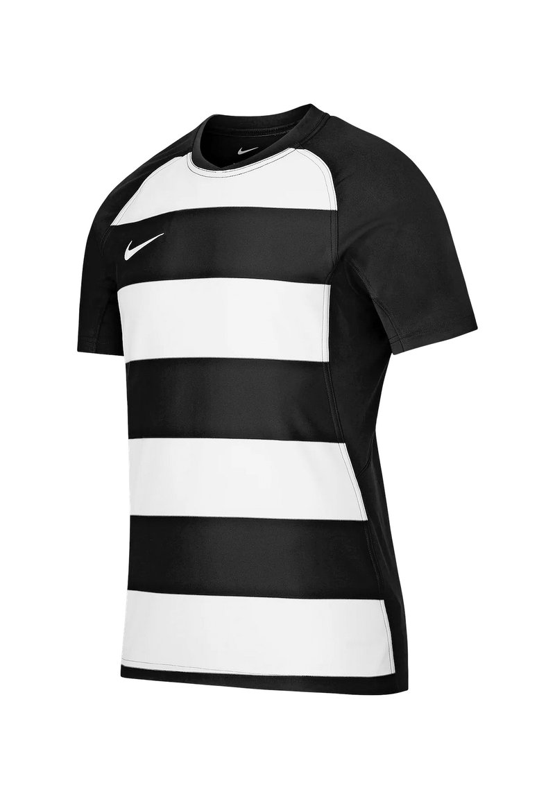 Zwart-wit gestreepte Nike T-shirt met korte mouwen en een ronde hals, met contrasterende naden en een lichte, gladde stof.