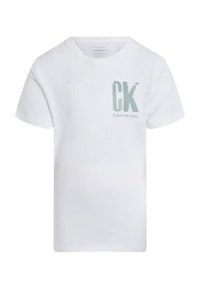 Camiseta de algodón blanca con cuello redondo. En la parte frontal presenta un logo "CK" en verde claro y el texto "Calvin Klein Jeans" en un diseño simple.