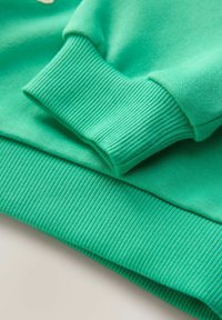 Felpa verde in cotone con polsini e orlo a coste. Texture morbida, maniche piegate e cuciture dettagliate lungo i bordi.