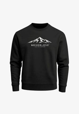 Schwarzer Sweatshirt mit Rundhalsausschnitt, gestaltet mit weißem Bergmotiv und dem Text "NEVERLESS INTO THE UNKNOWN." Weiche Stoffstruktur.