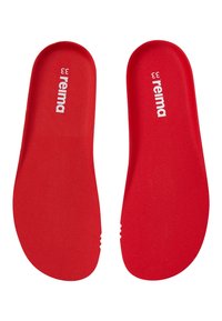 Röda innersulor med en slät yta, prydda med 'reima'-logotyp i vitt. Formade konturer med notcher i kanterna för passform och komfort.