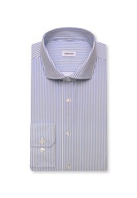 Chemise habillée à manches longues pliée avec des rayures diagonales bleues, devant et poignets boutonnés, et un col large avec une étiquette de marque visible.