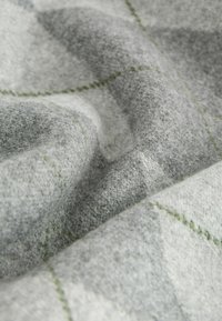 Un tissu en laine doux et gris avec de délicates lignes brodées vertes formant un motif à carreaux, présenté en plis légers.