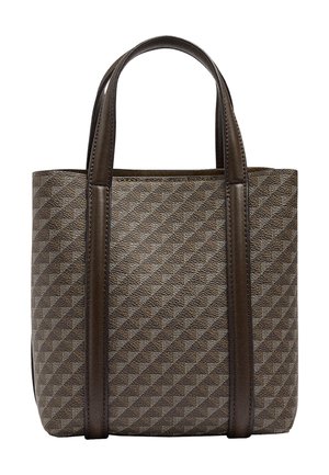Brązowa torba typu tote z wzorzystym motywem, dwoma ciemnobrązowymi skórzanymi uchwytami i pionowymi skórzanymi akcentami z przodu.