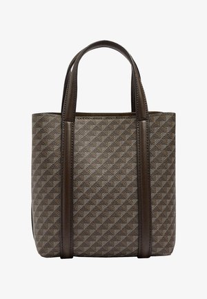 Brązowa torba typu tote z wzorzystym motywem, dwoma ciemnobrązowymi skórzanymi uchwytami i pionowymi skórzanymi akcentami z przodu.