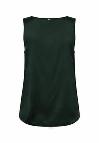 Dark green sleeveless top with a soft, glossy texture. Features a round neckline and a small button closure at the back.