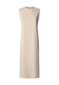 Beige ärmlös klänning med rund halsringning. Tillverkad av ett mjukt tyg, har den en rak skärning och en minimalistisk design utan synliga dekorationer.