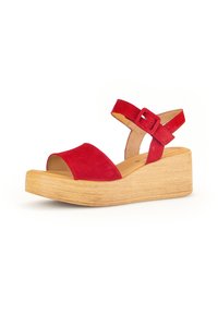 Rote Wildleder-Wedgesandalen mit offener Zehenpartie, verstellbarem Knöchelriemen und Plattform in natürlicher Holzoptik.