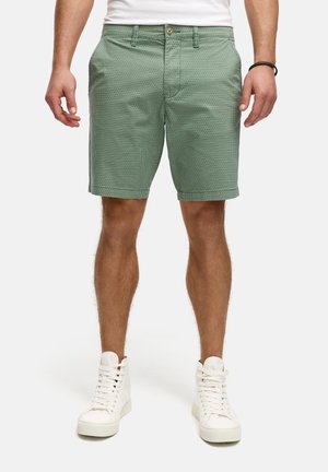 Groene shorts met een rechte snit, voorzien van zijzakken en een knoopsluiting. Gecombineerd met witte hoge sneakers.