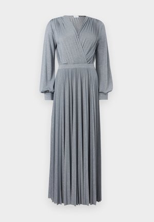 Silver-gray long-sleeve pleated maxi dress with a V-neck wrap bodice and fitted waistband on a white background.