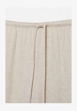 Beige linnen broek met tailleband en een aangetrokken trekkoord in het midden bovenaan.