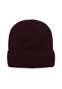 Berretto lavorato a maglia color bordeaux con fondo a coste e superficie liscia. Presenta una parte superiore arrotondata ed è realizzato in tessuto elasticizzato.