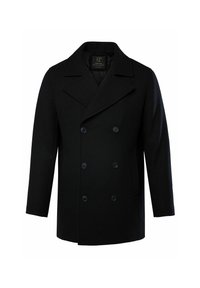Peacoat de lana negra con un diseño de doble botonadura, solapas anchas, dos botones, bolsillos laterales y una textura suave. Corte clásico de ajuste estándar.