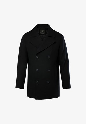 Schwarzer Woll-Peacoat mit einem doppelreihigen Design, breiten Revers, zwei Knöpfen, seitlichen Taschen und einer glatten Textur. Klassische normale Passform.