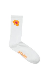 Witte katoen sok met een oranje bloemenontwerp en het logo "JACK & JONES" in het oranje nabij de teen. Ribbelstructuur aan de bovenkant.