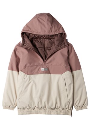 Pulloverjacka med huva, med en tvåtonad design i dammig ros och krämfärgad, tillverkad av ett mjukt, vattenavvisande tyg, med elastiska ärmslut och nederkant.