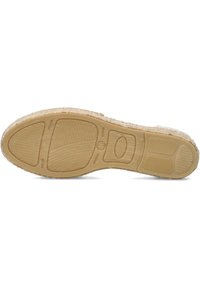 Sole of a footwear design featuring a textured, rubber bottom in tan color with patterned grooves and an oval logo in the center.