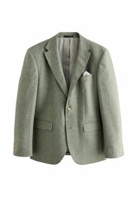 Grøn tweed blazer med notch-lapper, to frontlommer, en enkelt knaplukning og et mønstret for, der har en lommehåndker.