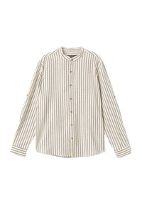 Gestreepte shirt in crème en marineblauw, met een ronde halslijn, lange mouwen, knoopsluiting aan de voorkant en contrasterende manchetten. Zachte stof met een textuurafwerking.
