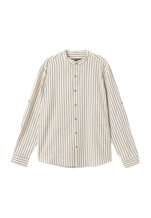 Pasiasta koszula w kolorze kremowym i granatowym, z okrągłym dekoltem, długimi rękawami, zapięciem na guziki z przodu oraz kontrastowymi mankietami. Miękka tkanina o teksturowanym wykończeniu.