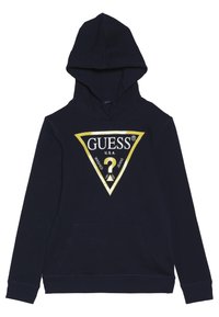 Sudadera azul marino de algodón, con un gran logo triangular en dorado y blanco en el frente, y un bolsillo delantero. Corte estándar con capucha.