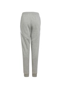 Graue Jogginghose aus einem Baumwollmischgewebe, mit elastischem Bund, schmal zulaufenden Beinen und kontrastierenden weißen Seitenstreifen.
