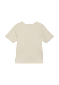 Cremefarvet ribbet T-shirt med korte ærmer og rund halsudskæring, der har en blød tekstur og et enkelt, udekoreret design.