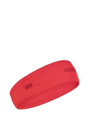 Rotes elastisches Haarband mit gerippter Textur und Logodetail. Es zeichnet sich durch ein einfaches Design und eine verstellbare Passform für Komfort während des Tragens aus.