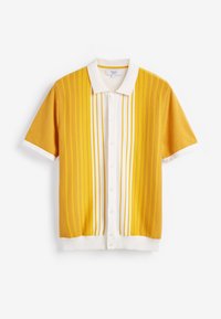 Kurzärmeliges Poloshirt in Gelb und Weiß mit vertikalen Streifen, Knopfleiste sowie kontrastierendem weißem Kragen und Bündchen. Weiche Stoffstruktur.