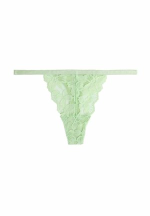 Spitzen-Tanga in Hellgrün mit Blumenmustern, schmalen Seiten und einem strukturierten Finish. Weicher Stoff mit transparenten Details.
