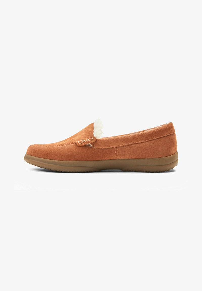 Brown suede slip-on shoe with a soft, plush, cream lining and rubber outsole. Features a small logo detail on the side.