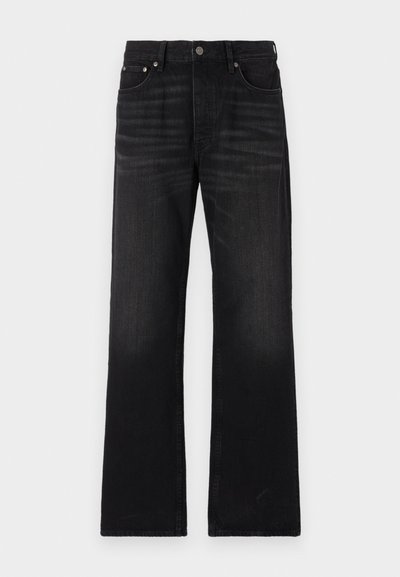 Black wide-leg jeans made of denim. Features a button closure and five pockets. Slightly faded texture along the legs, straight cut.