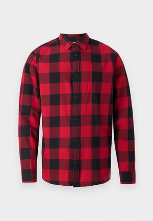 Red and black checked flannel shirt with a button-up front, long sleeves, and a collar. Features a classic plaid pattern.